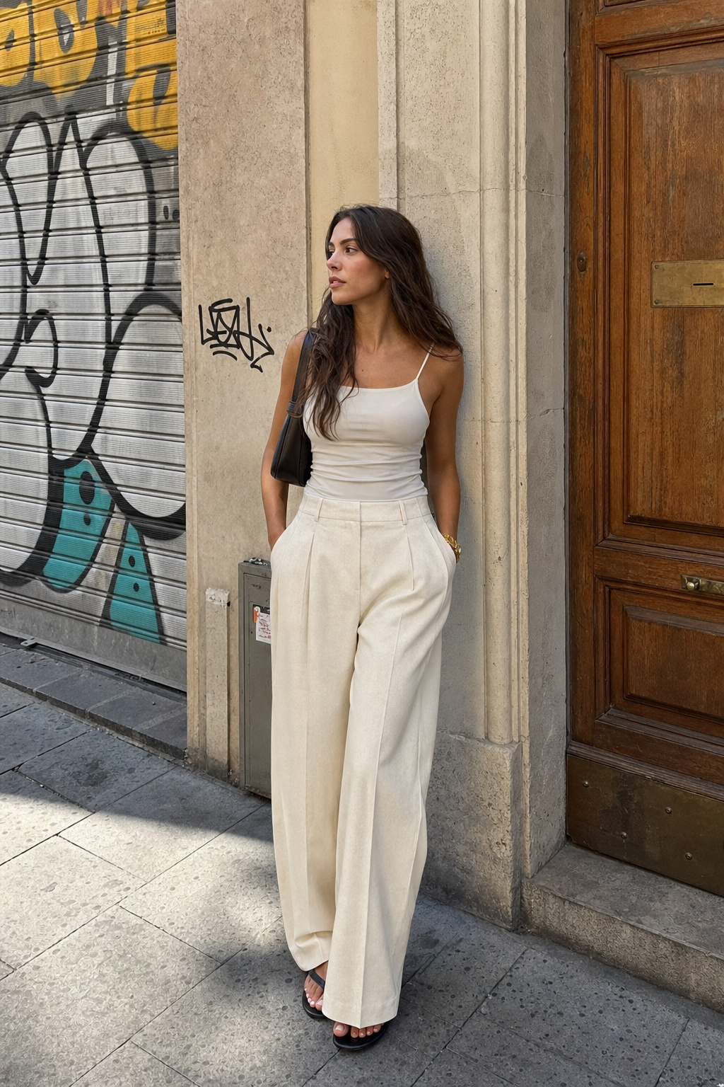 Elara Voss High-Waist Wide-Leg Off White Trouser on model 2