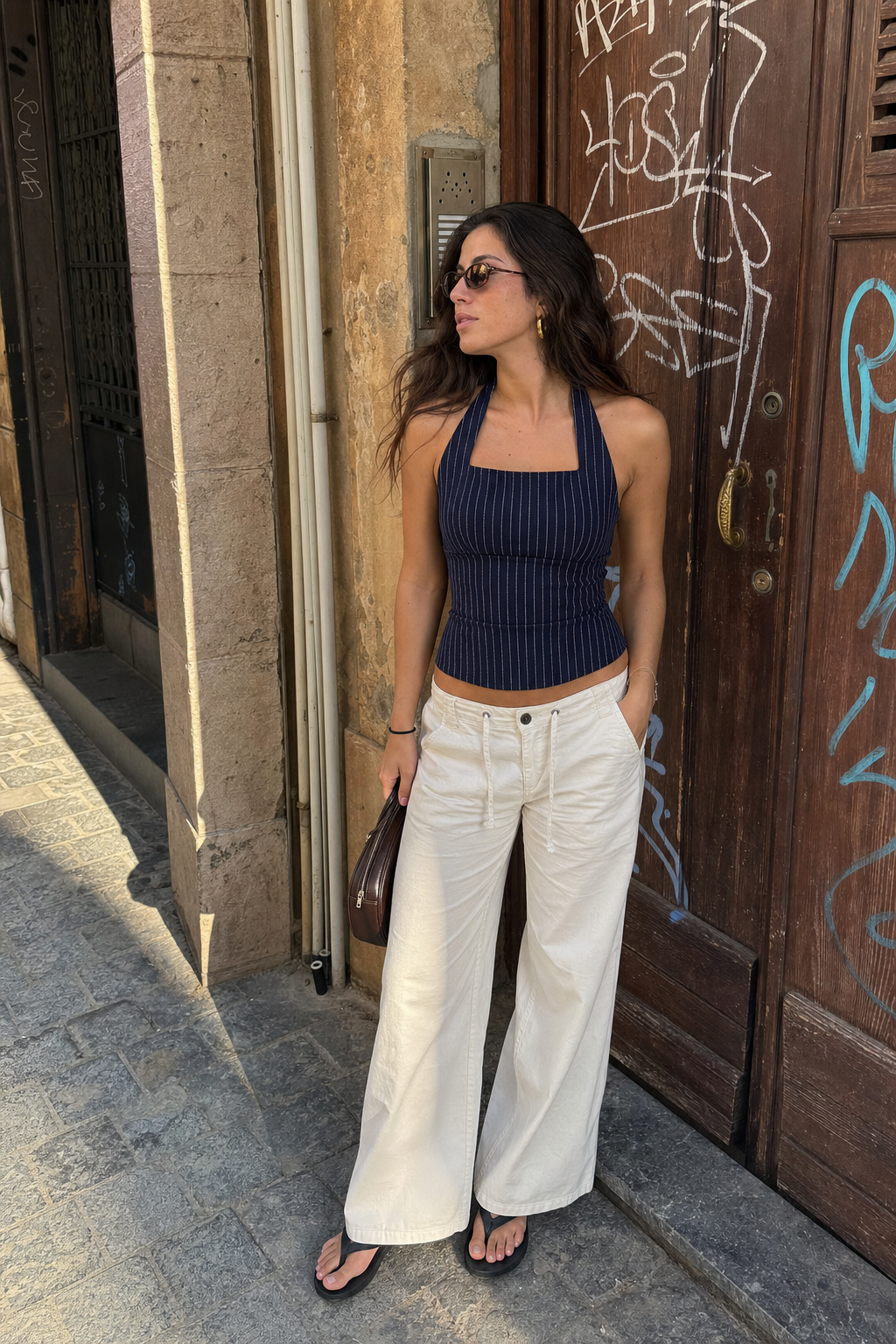 Elara Voss Structured Pinstripe Midnight Top on model 2
