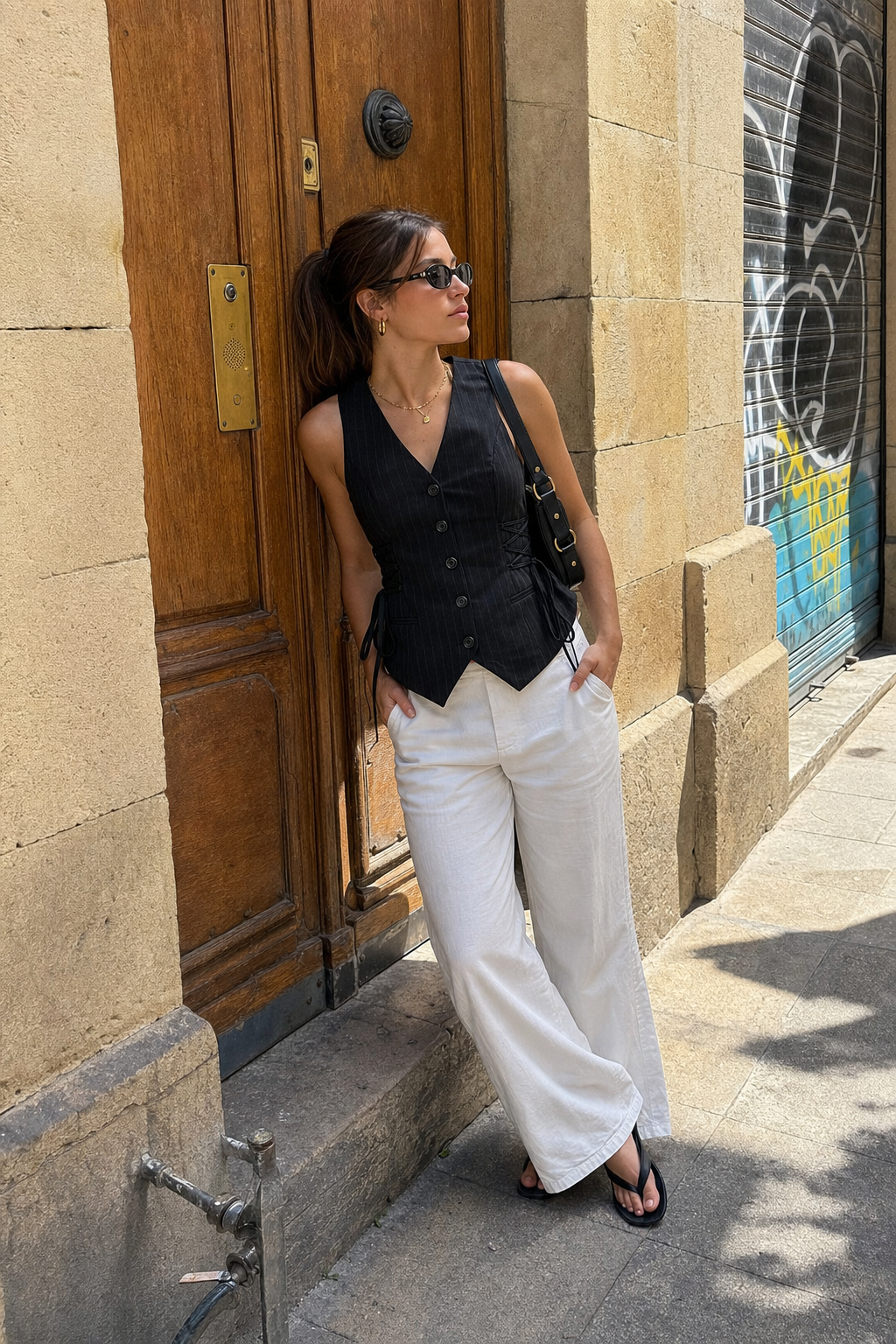 Elara Voss Cinched Black Waistcoat on model 2