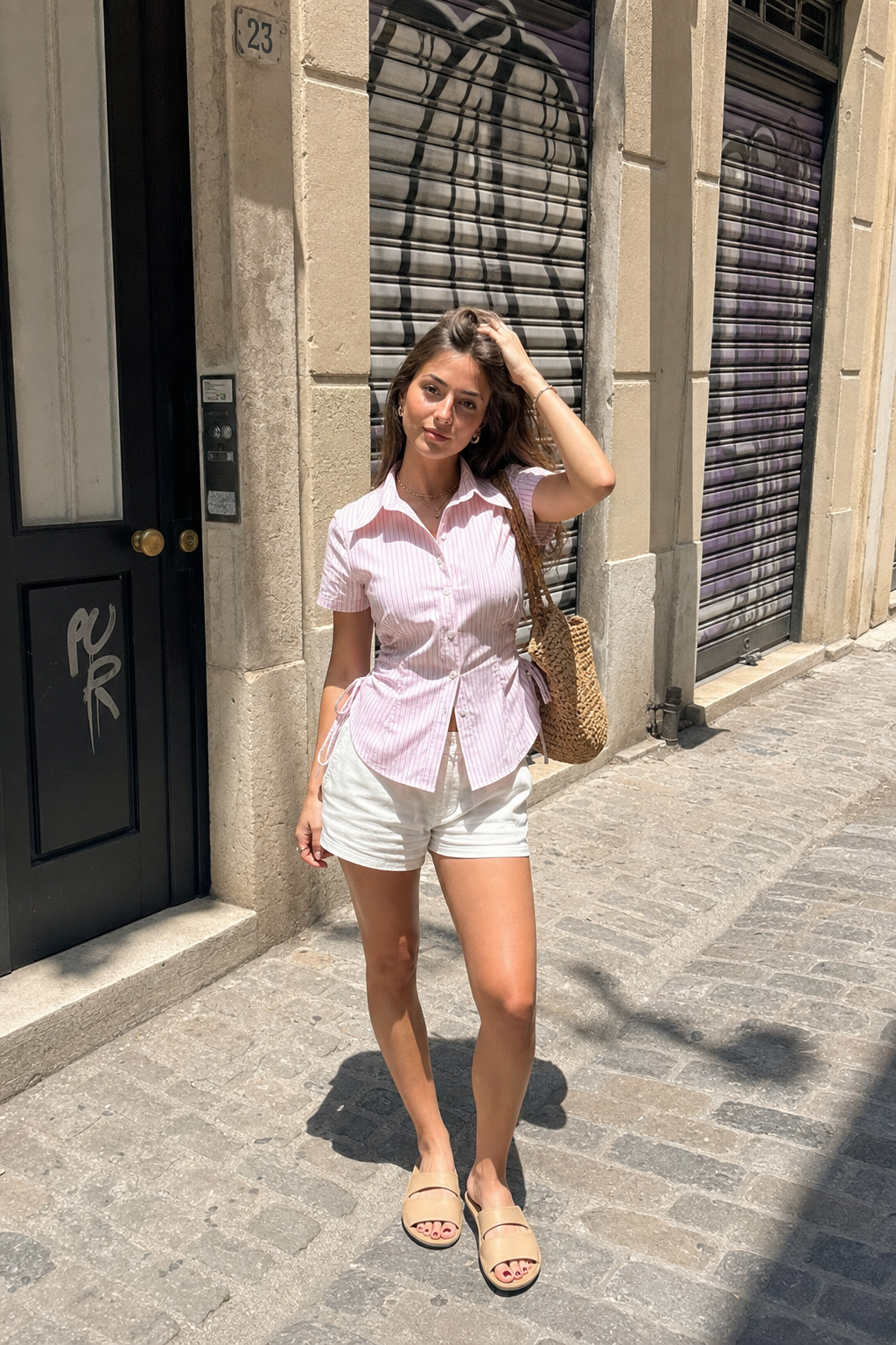 Elara Voss Blush Cinch Shirt on model 1