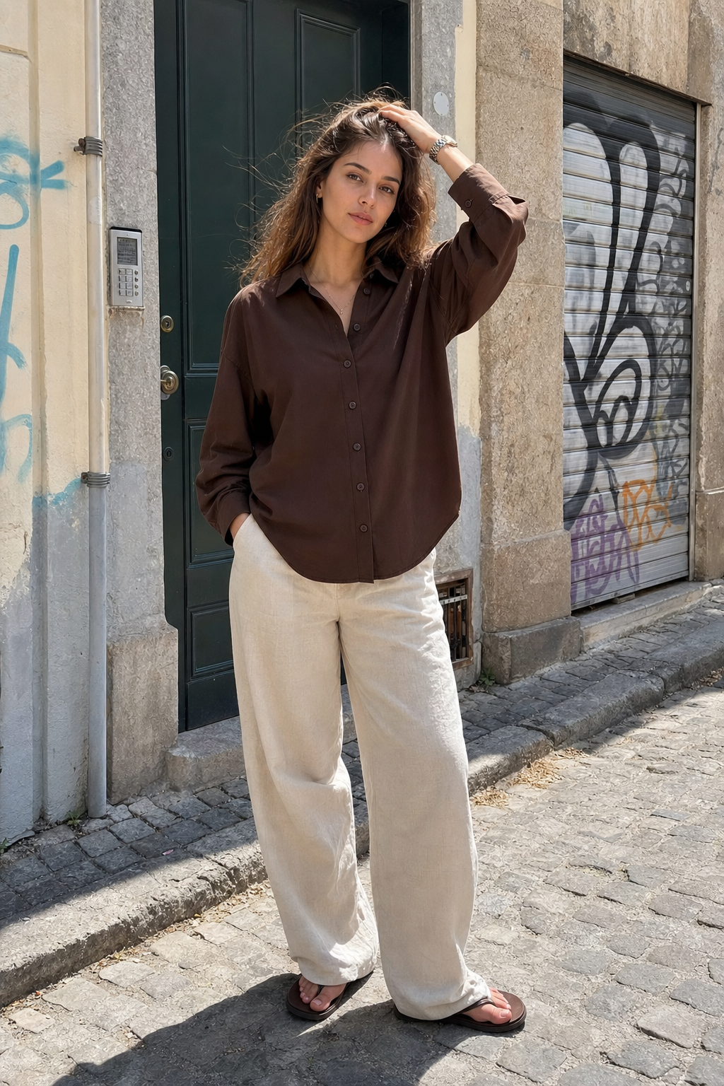 Elara Voss Cocoa Relax Shirt on model 1