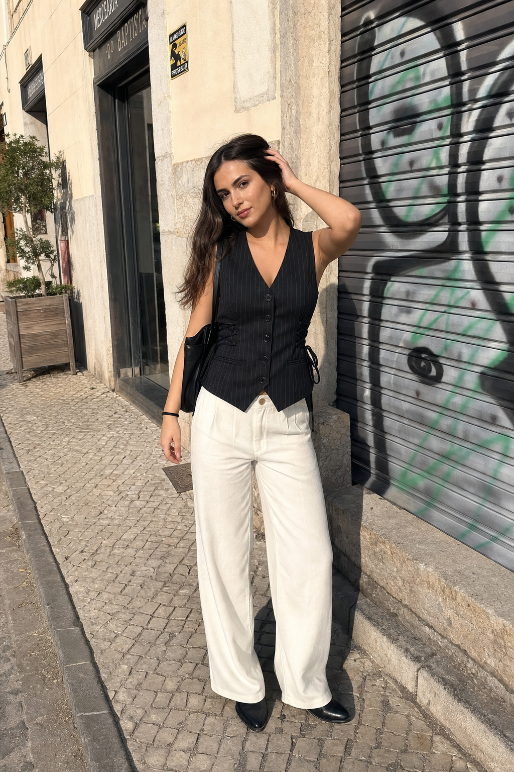 Elara Voss Cinched Black Waistcoat on model 1