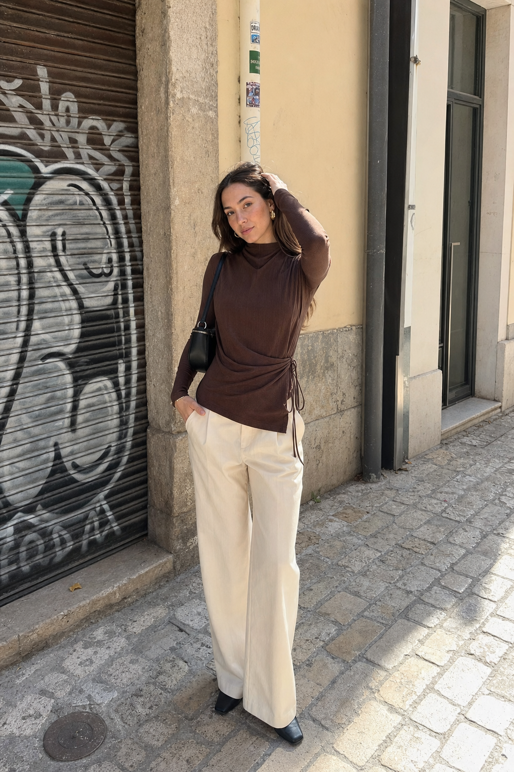 Elara Voss Obsidian Drape Cocoa Top on model 1