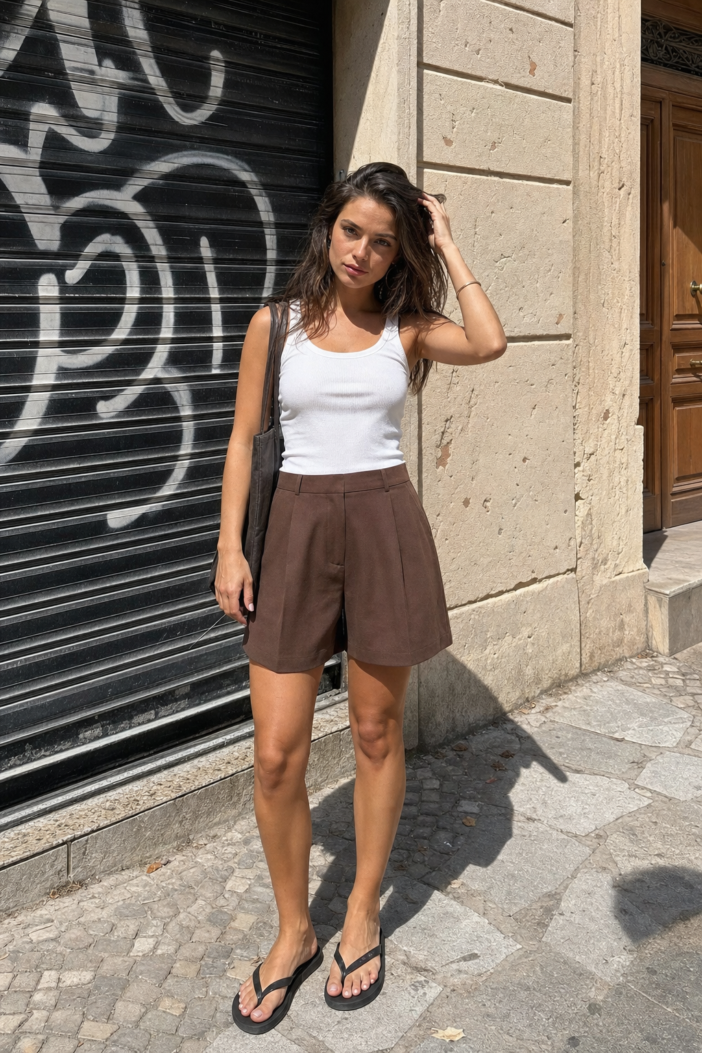 Elara Voss Cocoa Pleated Tailored Shorts on model 1