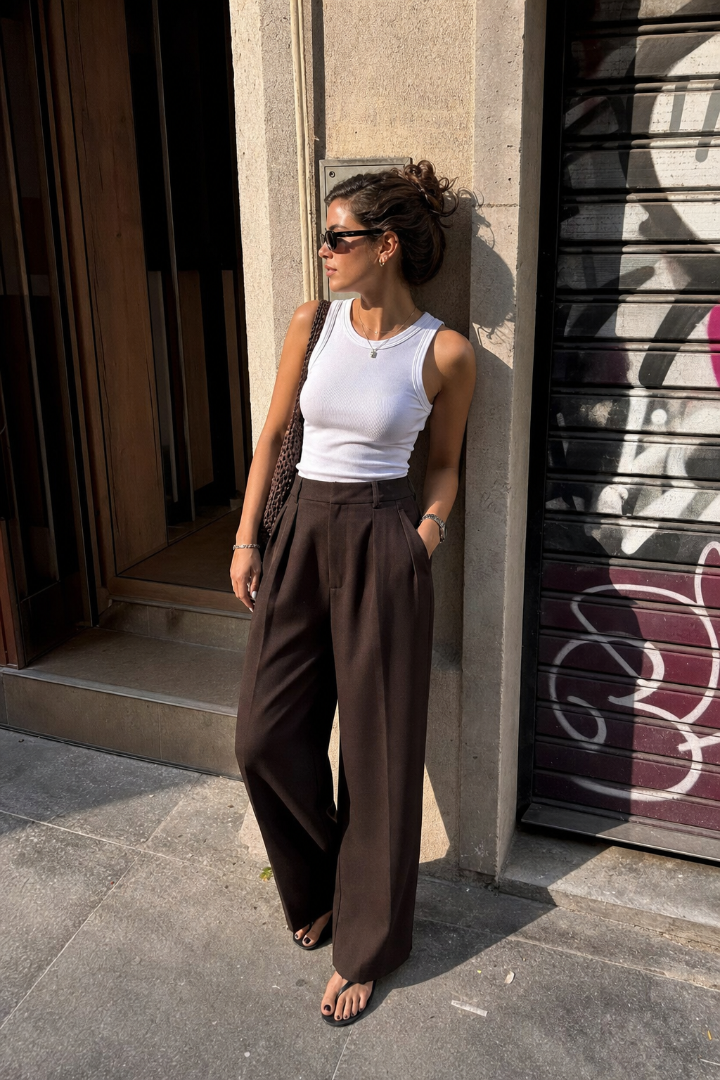Elara Voss High-Waist Wide-Leg Cocoa Trouser on model 2