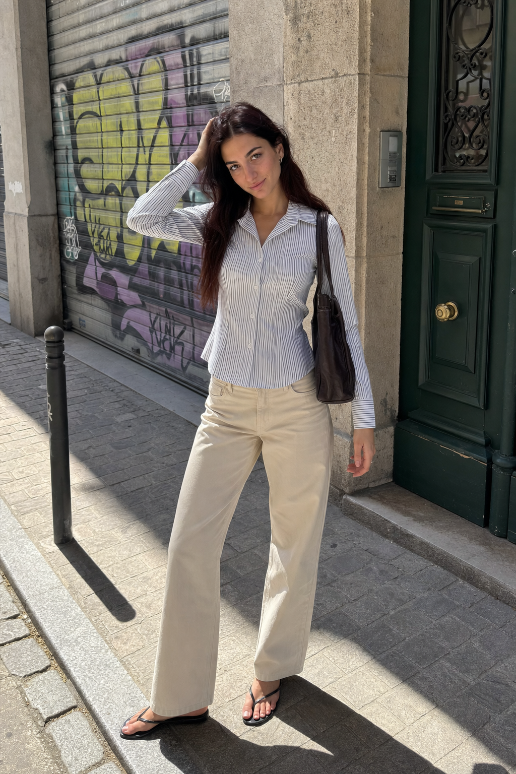 Elara Voss Classic White Pinstripe Shirt on model 1