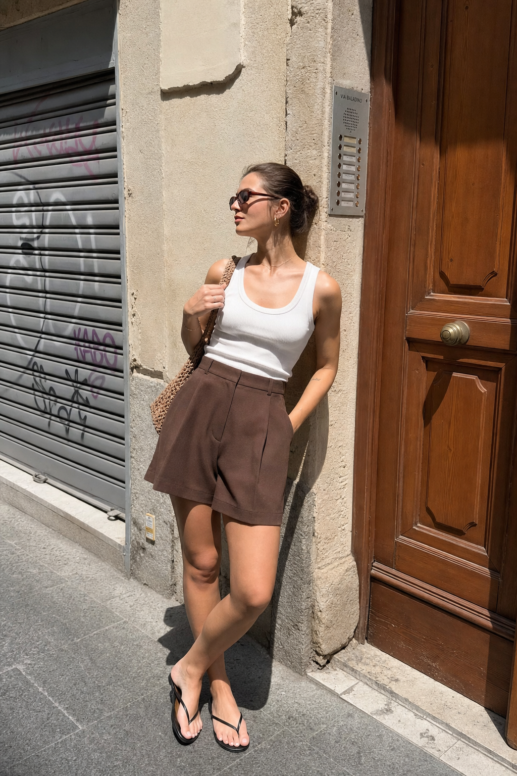 Elara Voss Cocoa Pleated Tailored Shorts on model 2
