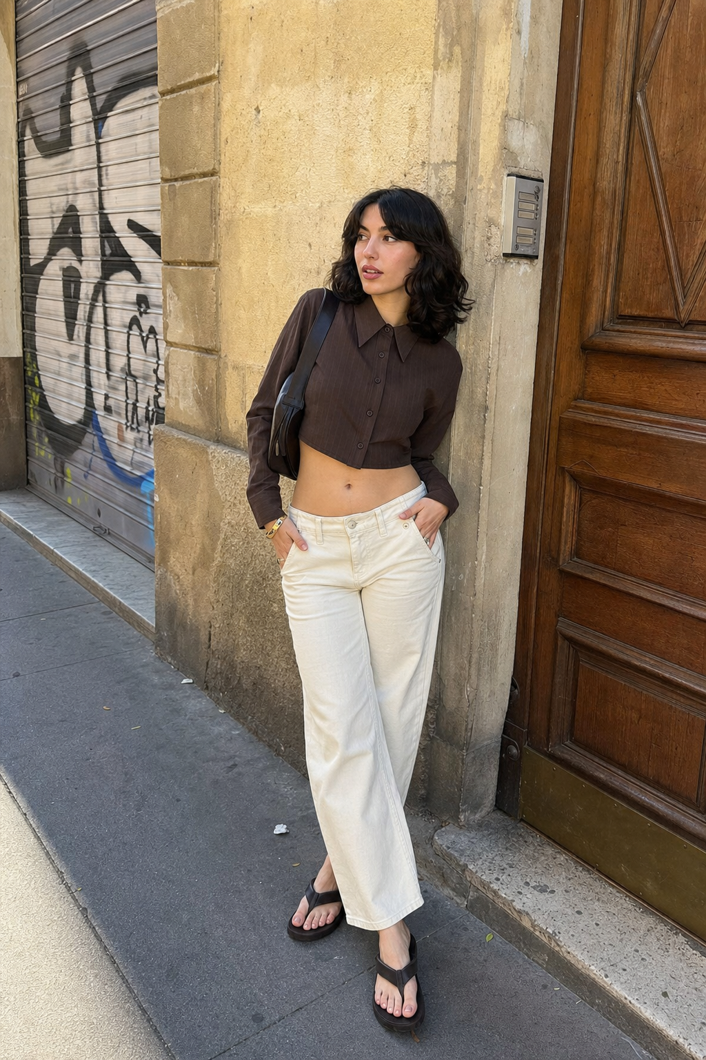 Elara Voss Cocoa Precision Crop Shirt on model 2
