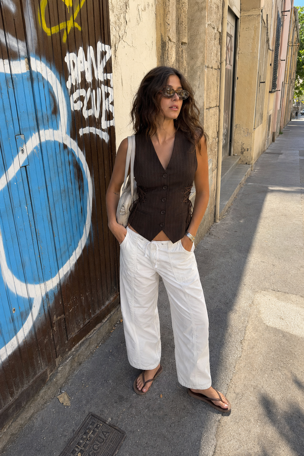 Elara Voss Cinched Cocoa Waistcoat on model 2