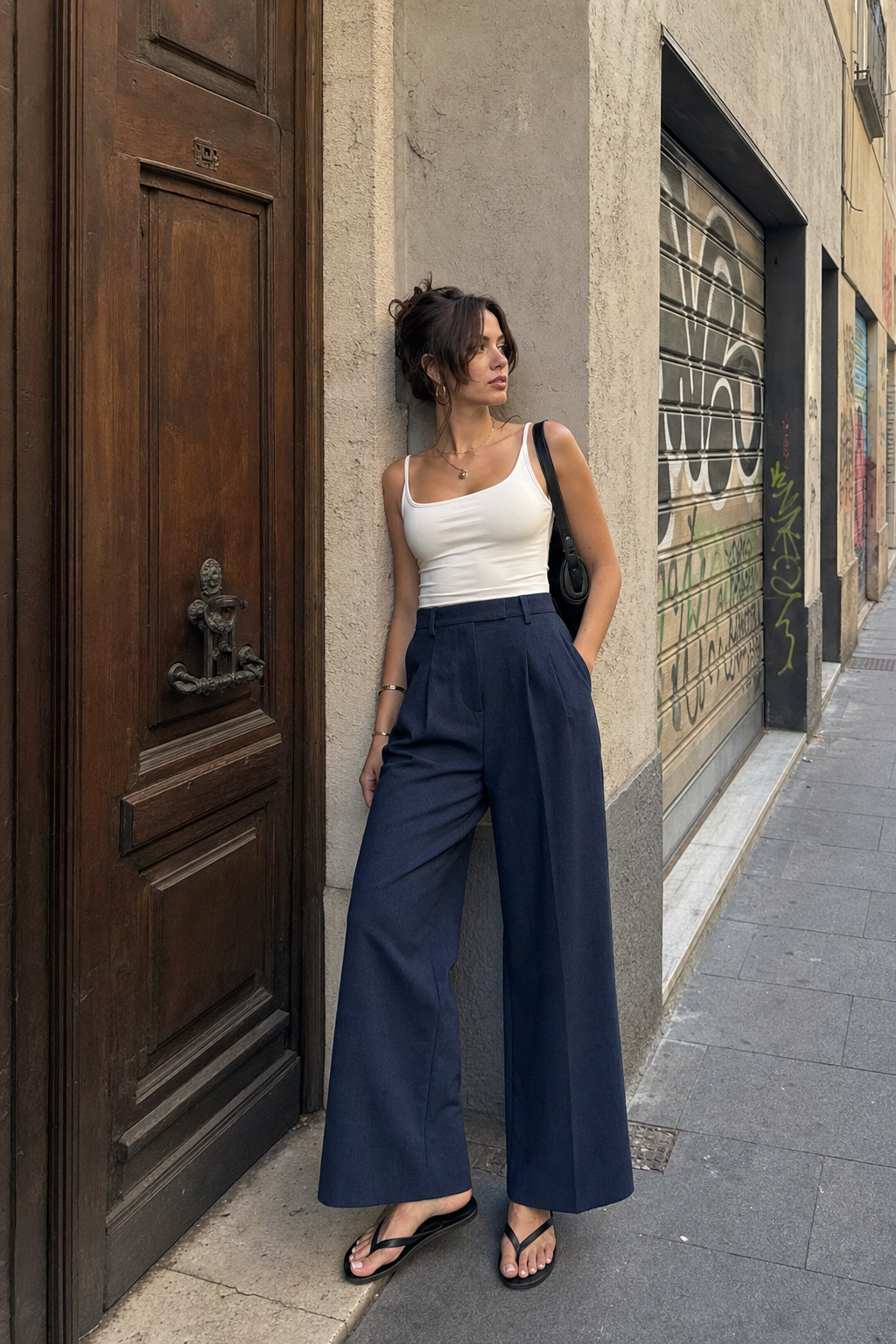 Elara Voss High-Waist Wide-Leg Midnight Trouser on model 2