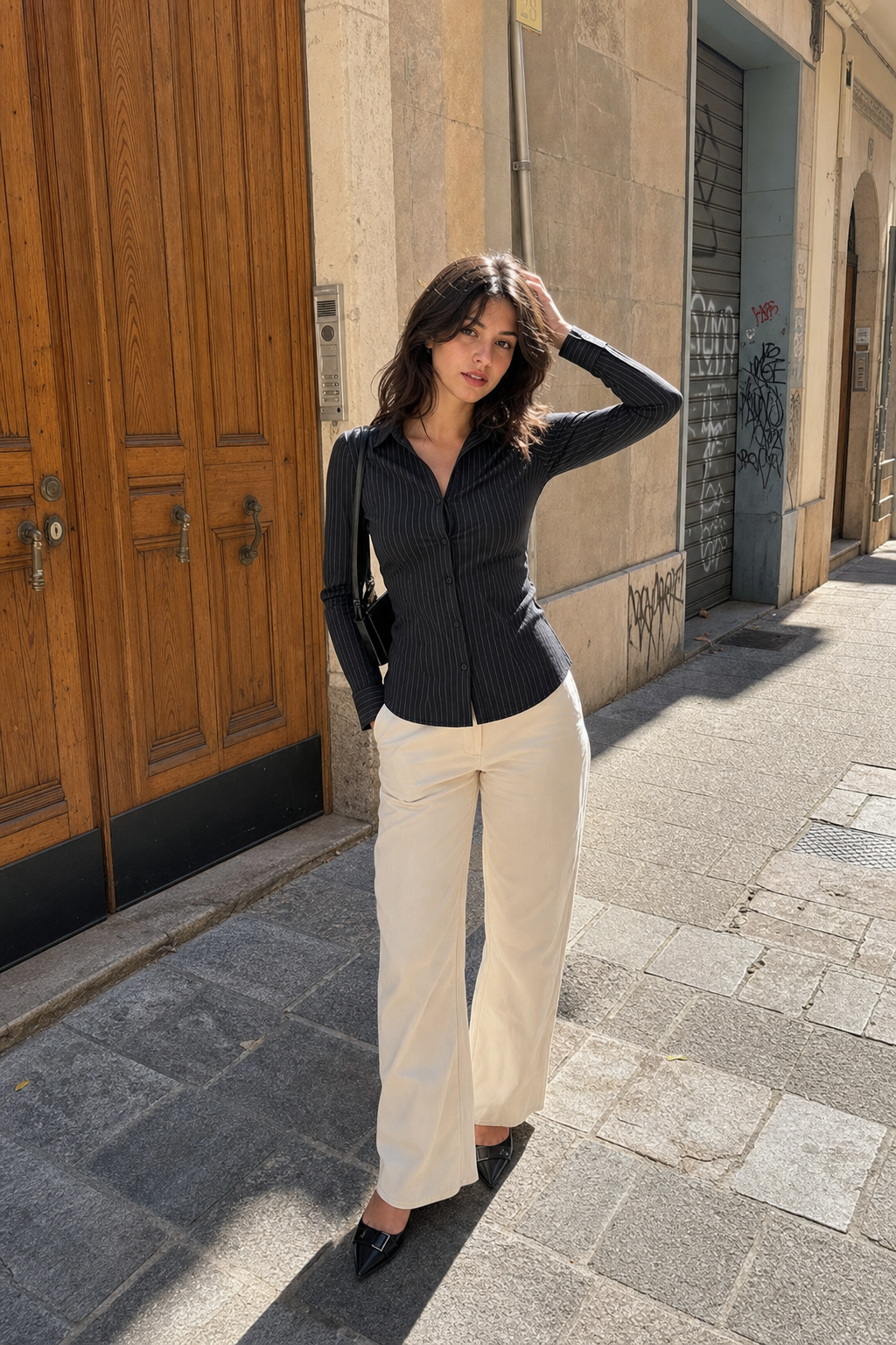 Elara Voss Classic Black Pinstripe Shirt on model 1