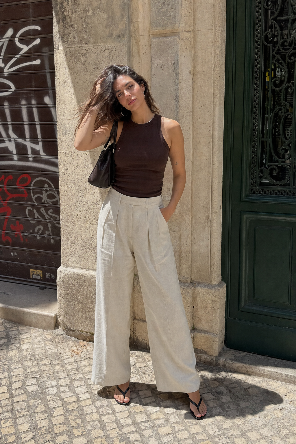 Elara Voss High-Waist Wide-Leg Off White Trouser on model 1