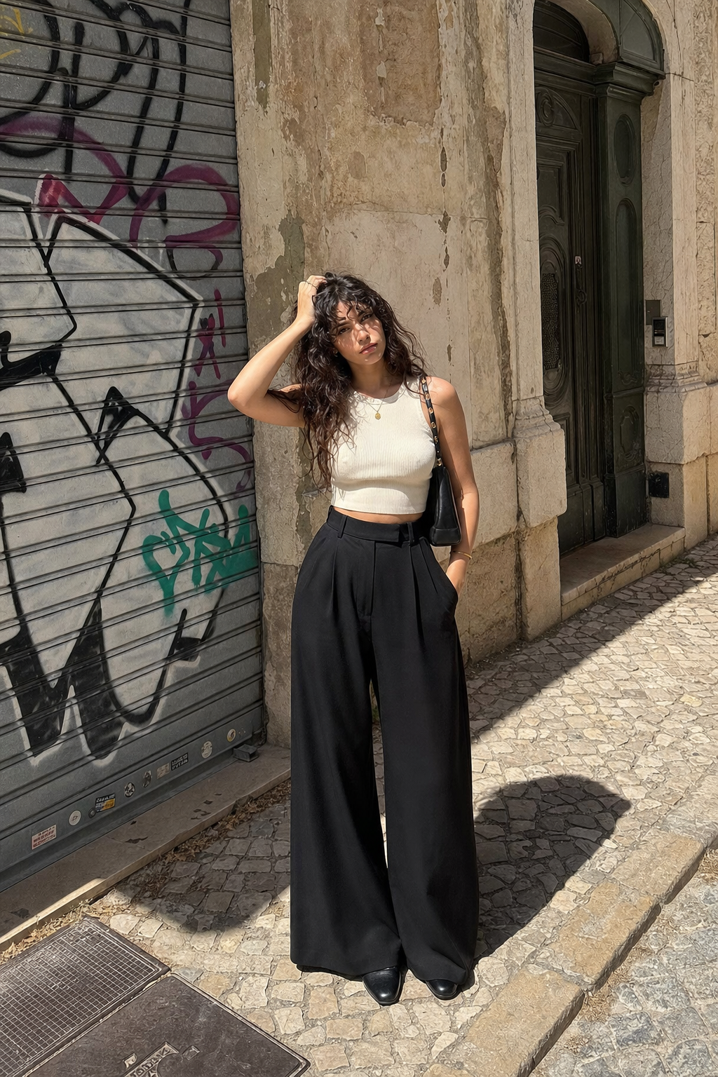 Elara Voss High-Waist Wide-Leg Black Trouser on model 1