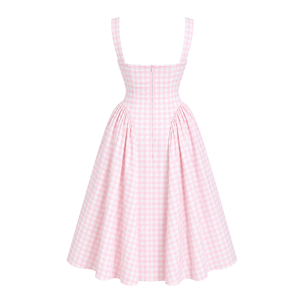 Elara Voss Aurelia Blush Pink Gingham Midi Dress