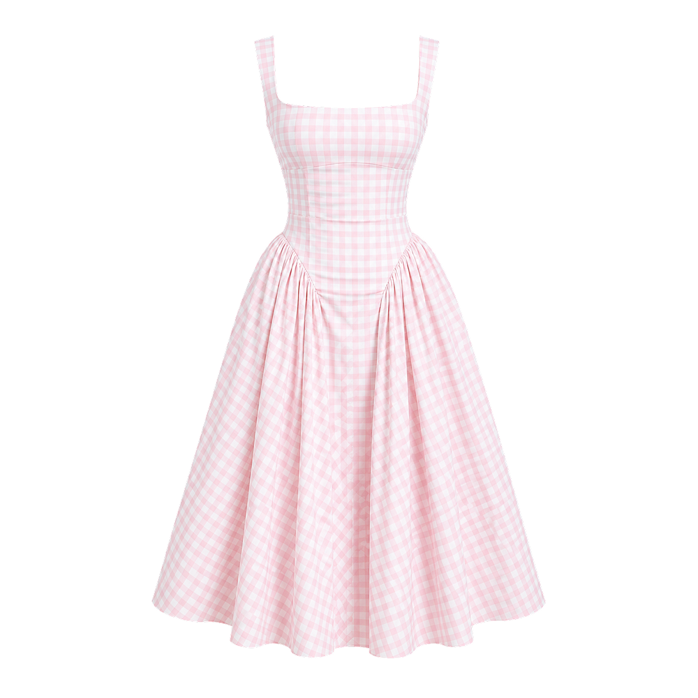 Elara Voss Aurelia Blush Pink Gingham Midi Dress