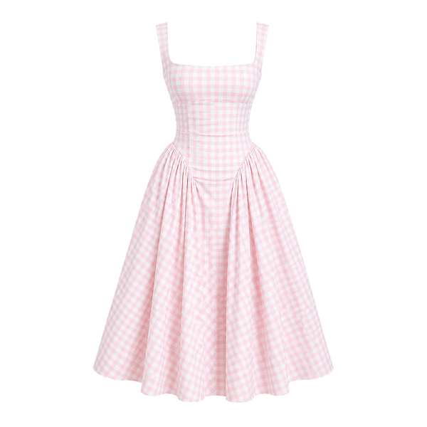 Elara Voss Aurelia Blush Pink Gingham Midi Dress