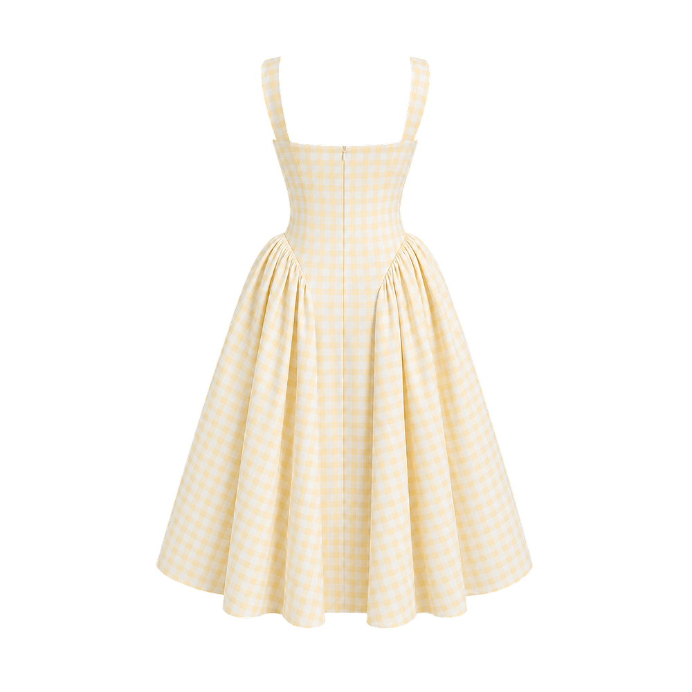Elara Voss Aurelia Butter Yellow Gingham Midi Dress