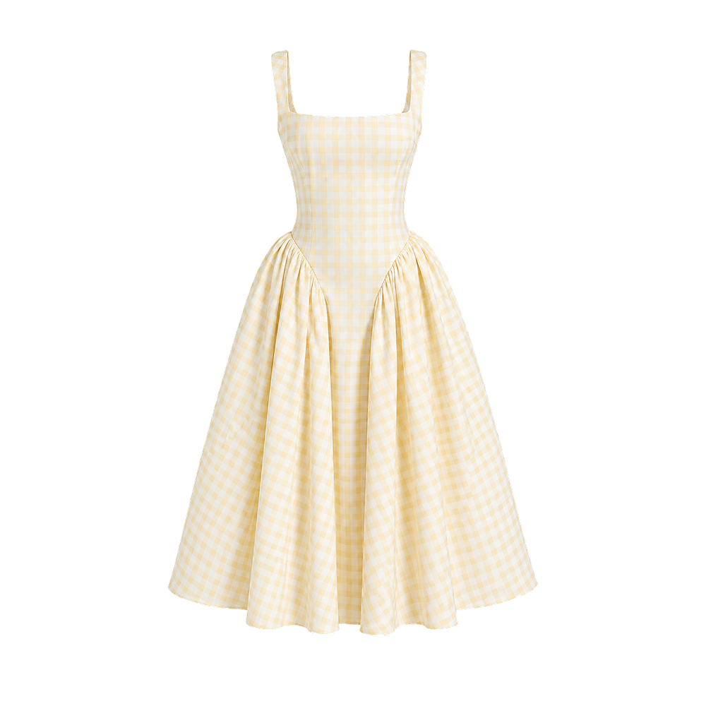 Elara Voss Aurelia Butter Yellow Gingham Midi Dress