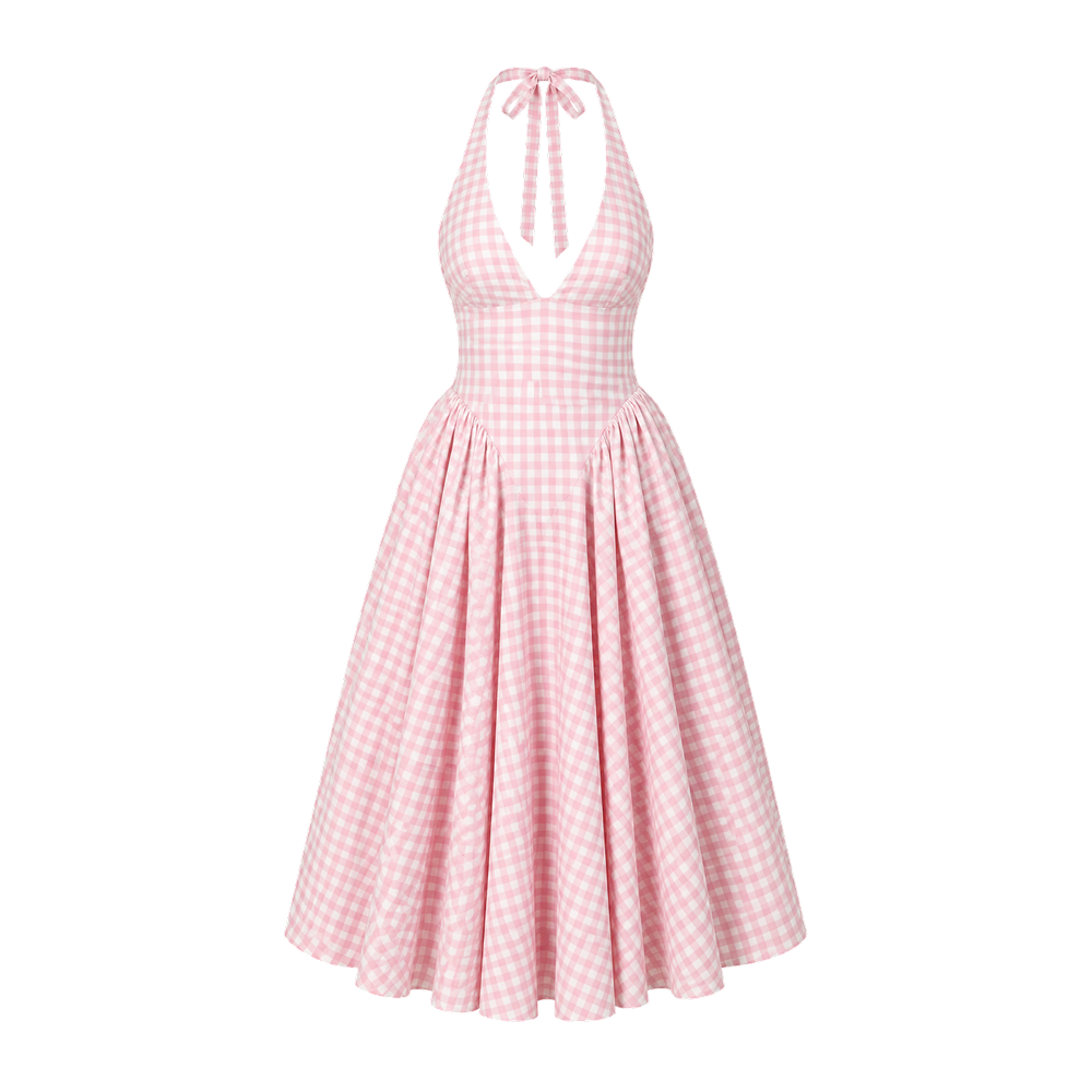 Elara Voss Celeste Blush Pink Gingham Halter Dress