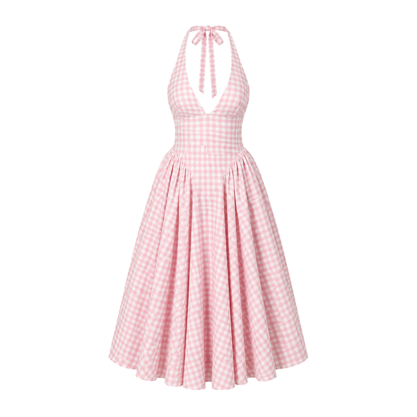 Elara Voss Celeste Blush Pink Gingham Halter Dress