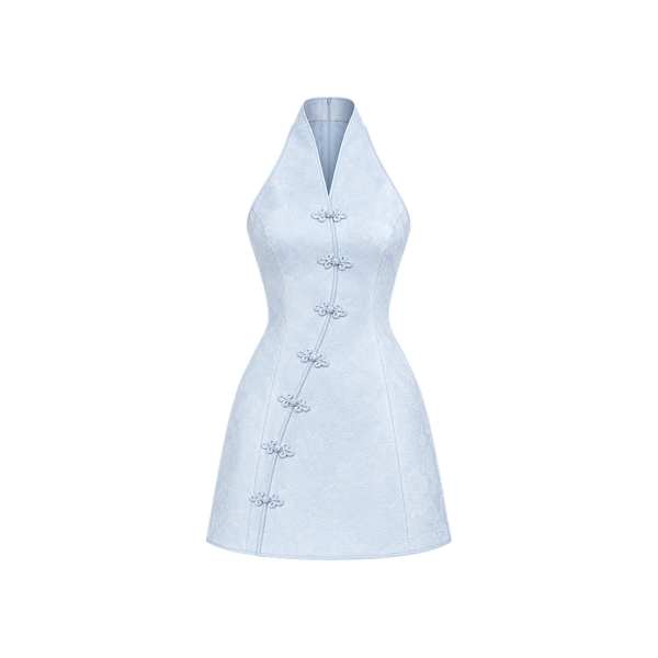 Elara Voss Celeste Ice Blue Halter Mini Dress