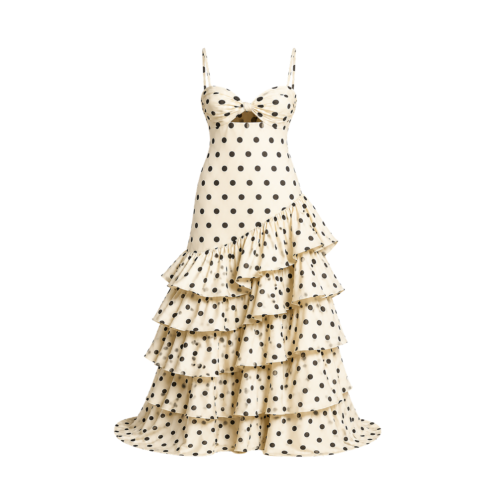 Elara Voss Colette Ivory Polka Dot Ruffle Maxi Dress
