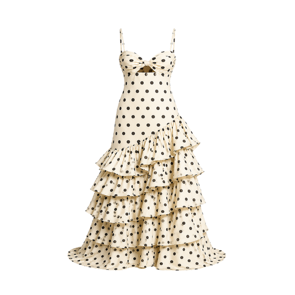 Elara Voss Colette Ivory Polka Dot Ruffle Maxi Dress