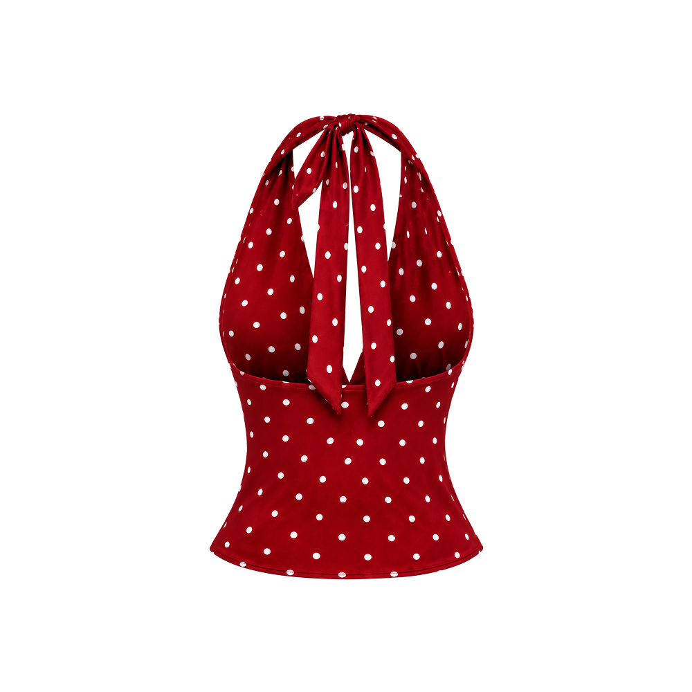 Elara Voss Colette Polka Halter Crimsion Top