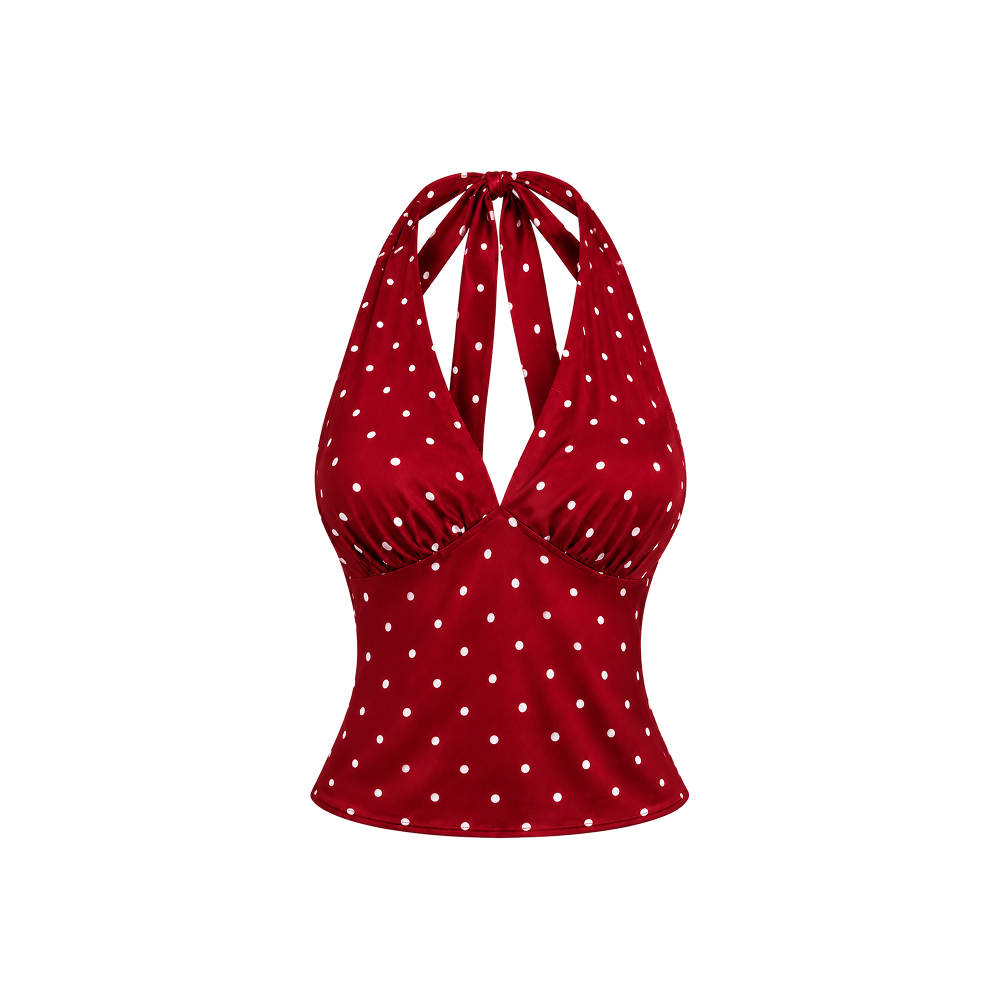 Elara Voss Colette Polka Halter Crimsion Top