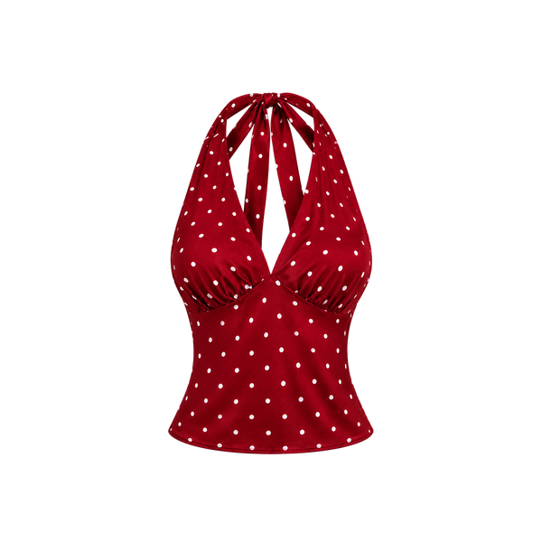 Elara Voss Colette Polka Halter Crimsion Top