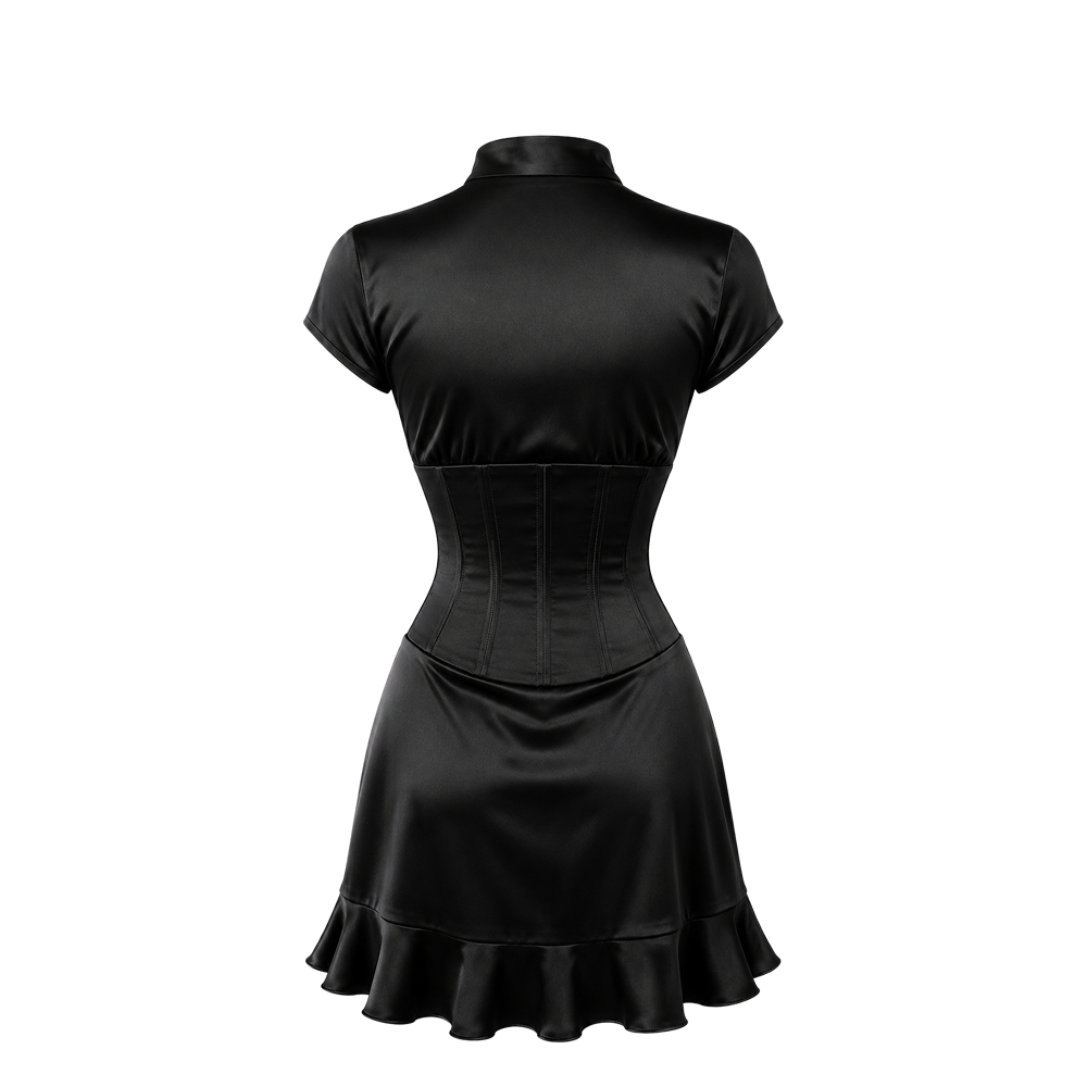 Elara Voss Noir Black Satin Corset Dress