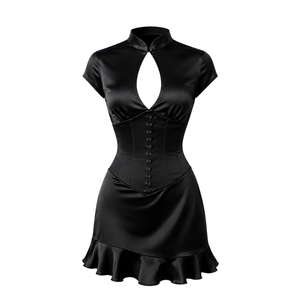 Elara Voss Noir Black Satin Corset Dress