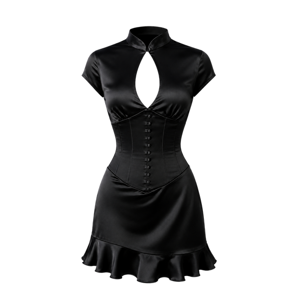Elara Voss Noir Black Satin Corset Dress