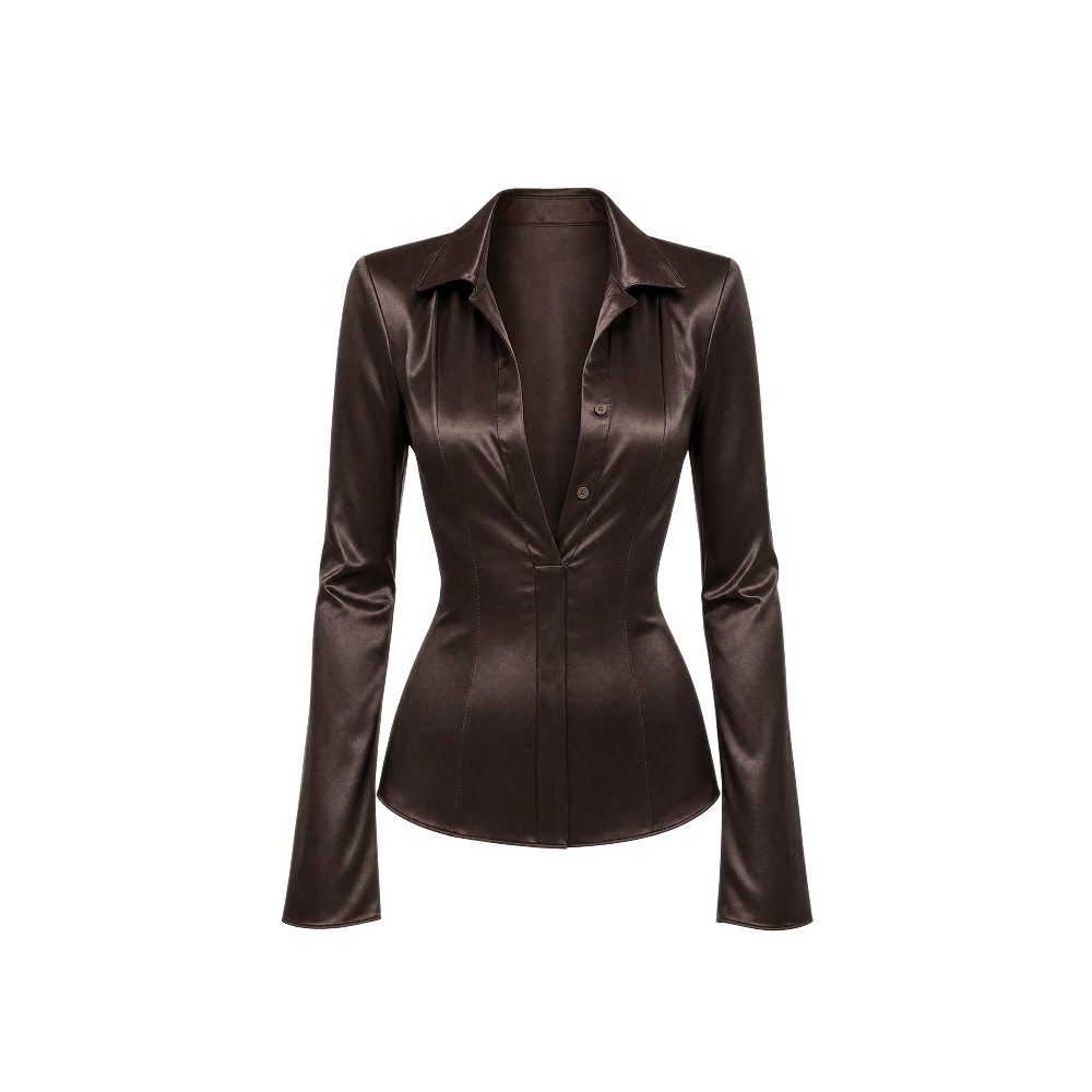Elara Voss Noire Sculpt Cocoa Satin Shirt