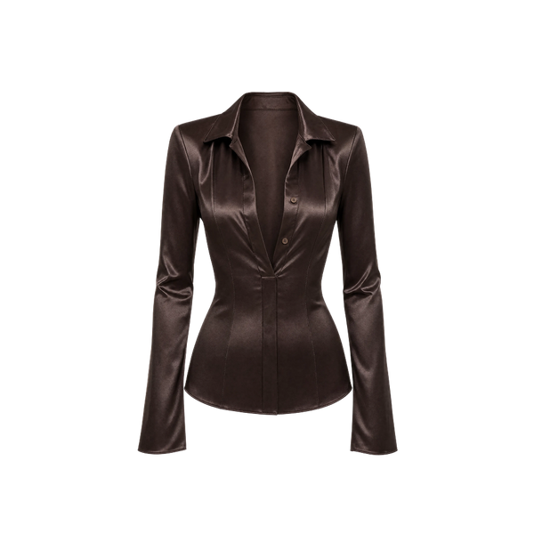 Elara Voss Noire Sculpt Cocoa Satin Shirt