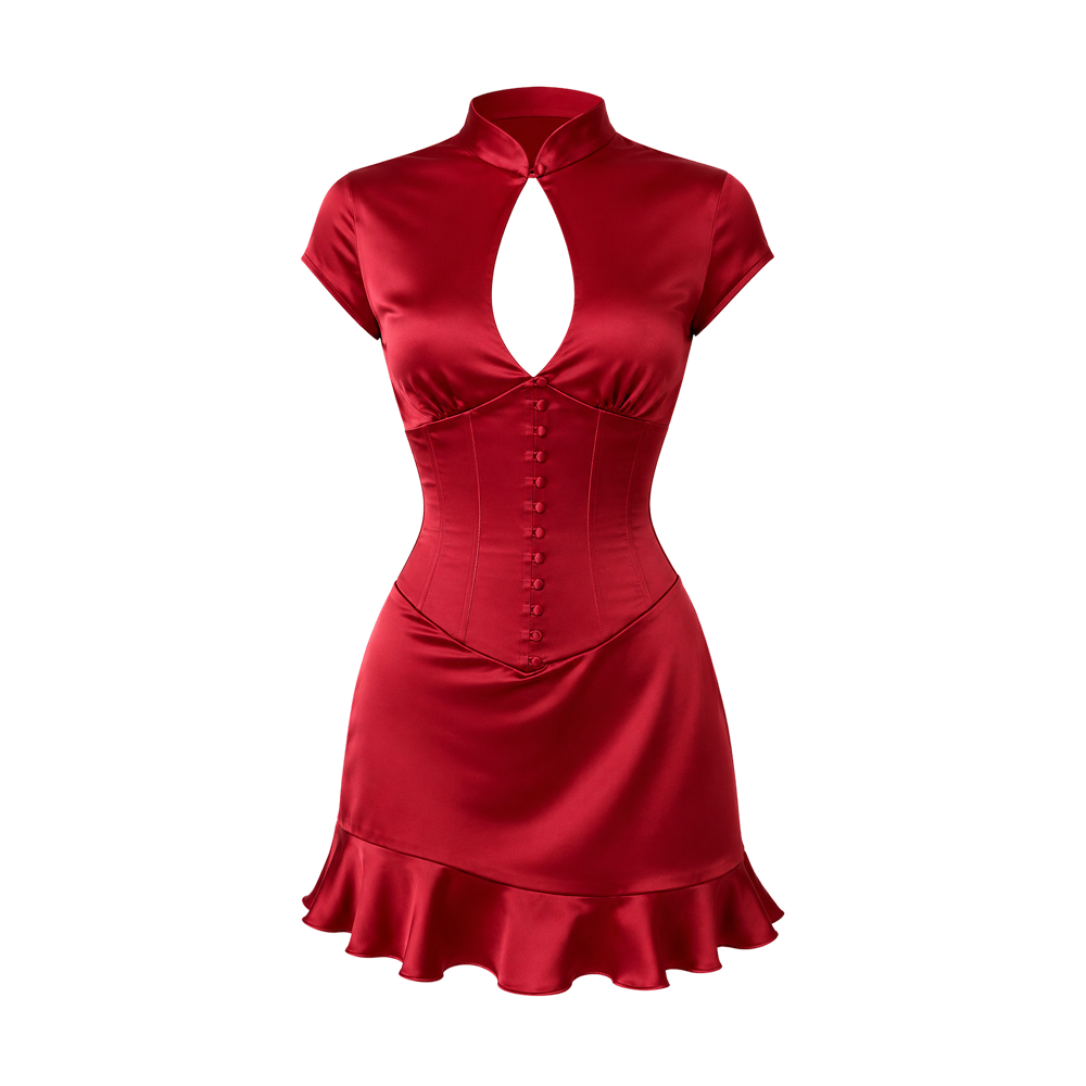 Elara Voss Red Satin Corset Dress