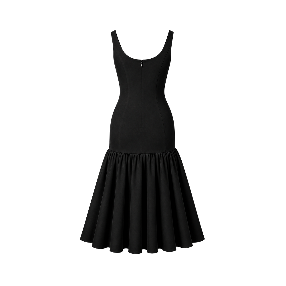 Elara Voss Sienne Black Gathered Midi Dress