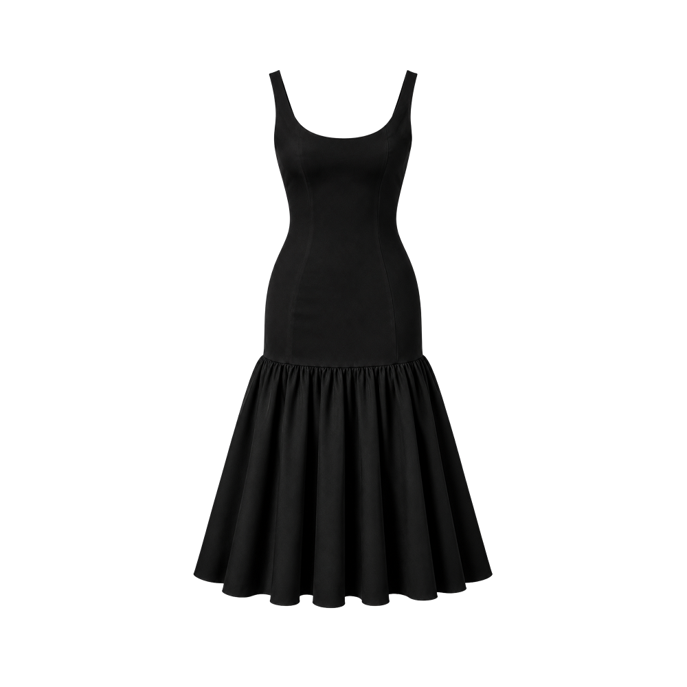 Elara Voss Sienne Black Gathered Midi Dress