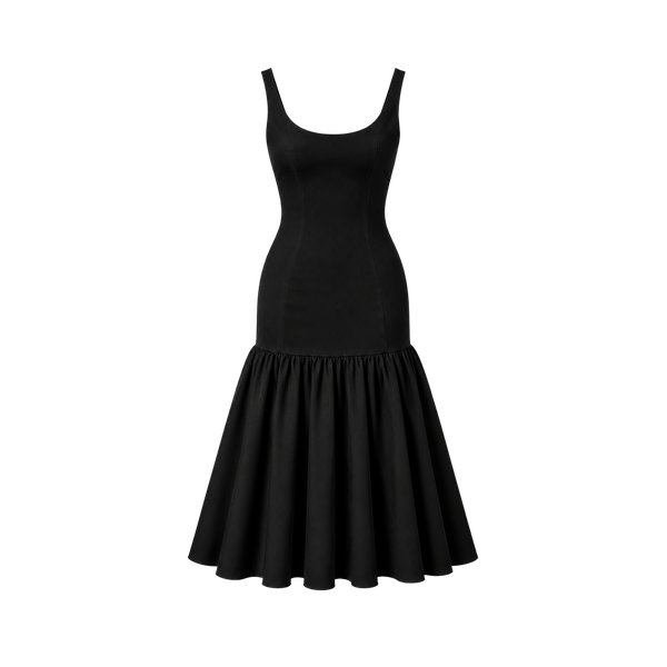 Elara Voss Sienne Black Gathered Midi Dress