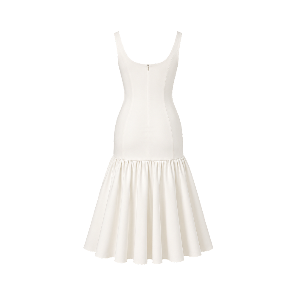 Elara Voss Sienne White Gathered Midi Dress