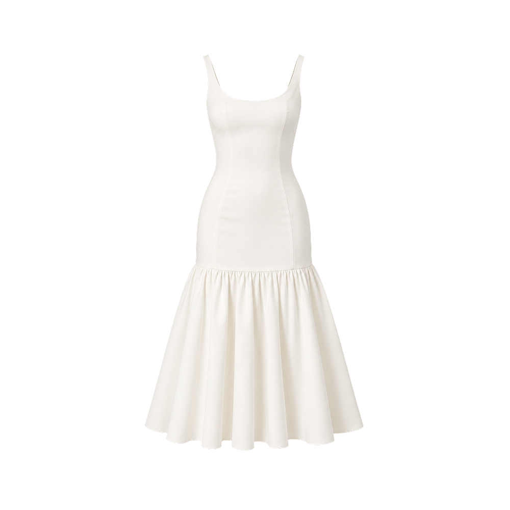 Elara Voss Sienne White Gathered Midi Dress