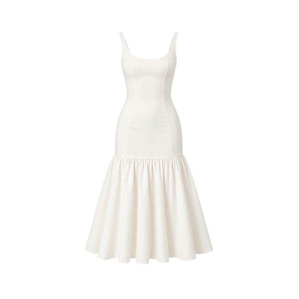 Elara Voss Sienne White Gathered Midi Dress