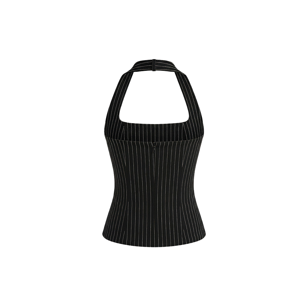 Elara Voss Structured Pinstripe Black Top