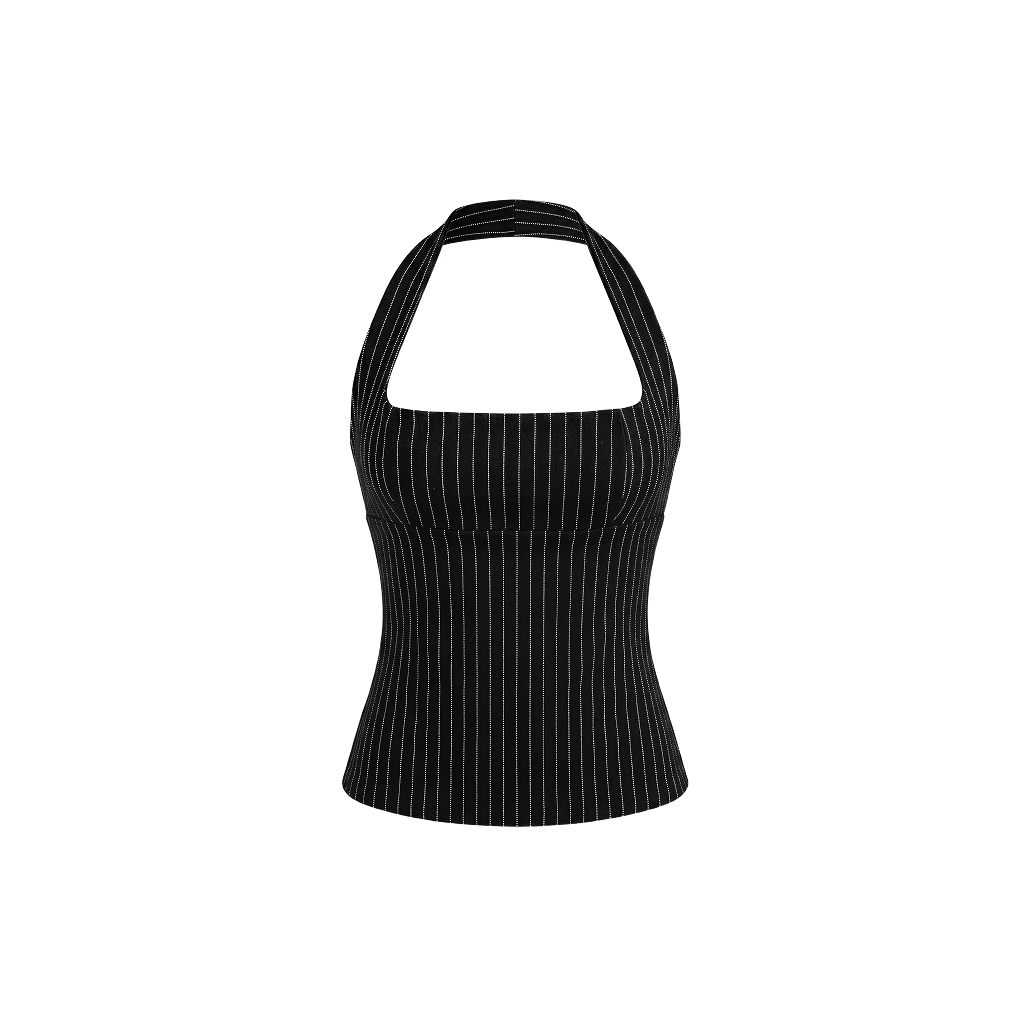 Elara Voss Structured Pinstripe Black Top