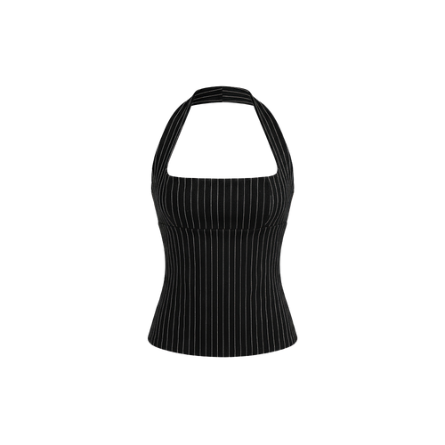 Elara Voss Structured Pinstripe Black Top