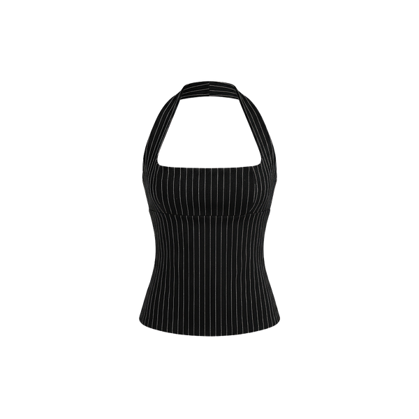 Elara Voss Structured Pinstripe Black Top