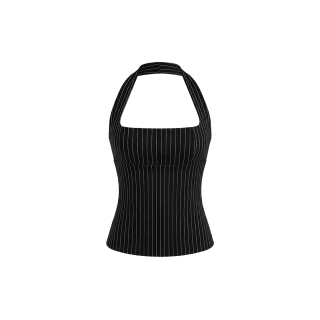 Elara Voss Structured Pinstripe Black Top