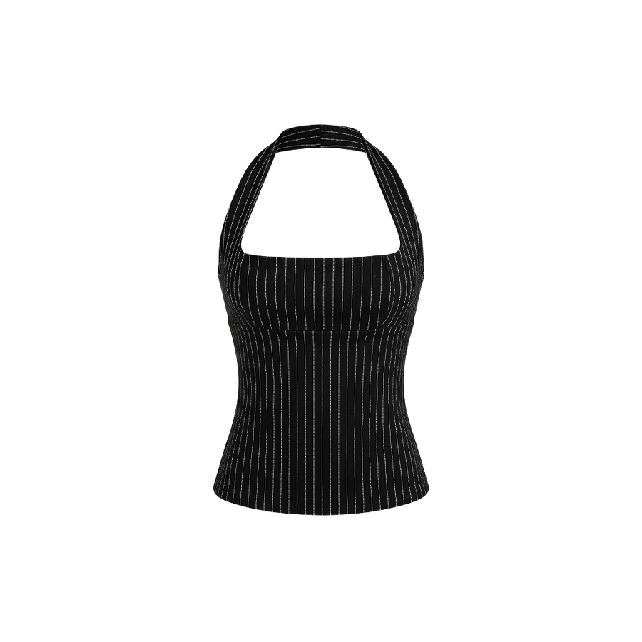 Elara Voss Structured Pinstripe Black Top