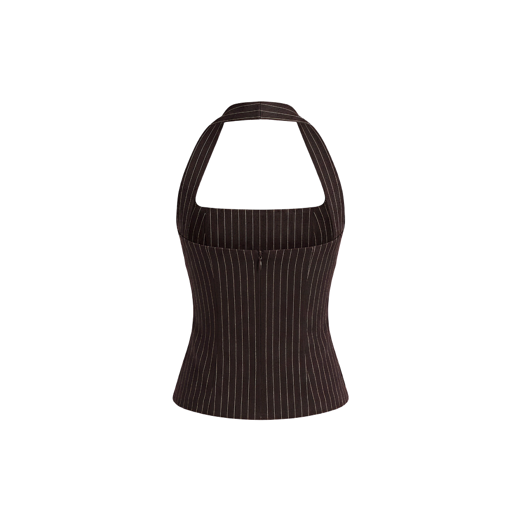 Elara Voss Structured Pinstripe Cocoa Top