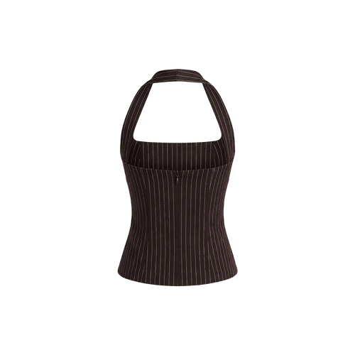 Elara Voss Structured Pinstripe Cocoa Top